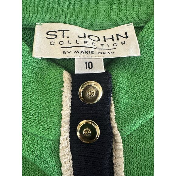 *Flawed St. John Collection Santana Knit Green Cardigan Sweater Gold Blk Size 10 - Picture 11 of 15